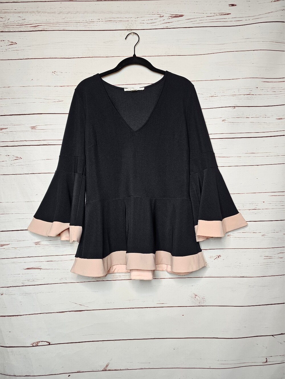 Boston Proper Black Peplum Top with Blush Trim